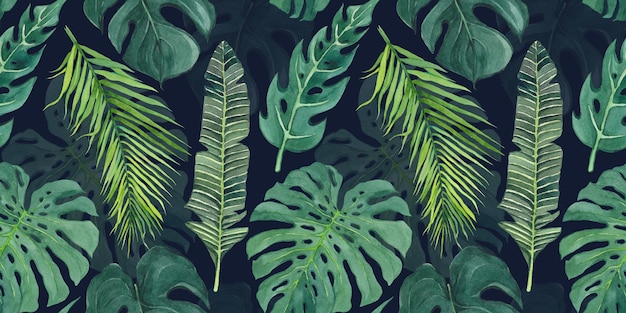 Patrón sin costuras de acuarela con hojas de vegetación tropical Papeles de pared de acuarel con motivos florales Feno de hoja de palma hojas realistas detalladas
