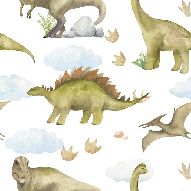 Patrón sin costuras de acuarela con ilustración de un dinosaurio y huellas de patas nubes para decoración de habitaciones infantiles papel tapiz textil