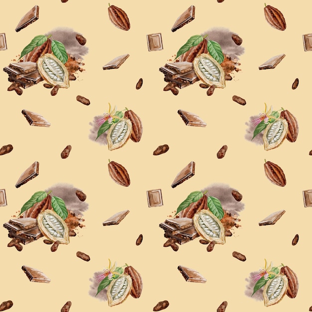 Patrón sin costuras con acuarela Ilustración de los ingredientes del chocolateCocoaPiezas de chocolate dibujadas a mano