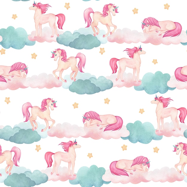 Patrón sin costuras de acuarela con ilustración de un lindo unicornio en las nubes con estrellas arco iris en colores rosa y turquesa personaje de dibujos animados de cuento de hadas