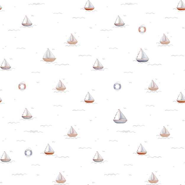 patrón sin costuras de acuarela de ilustraciones de velero en las olas y pájaros en el cielo en aislados