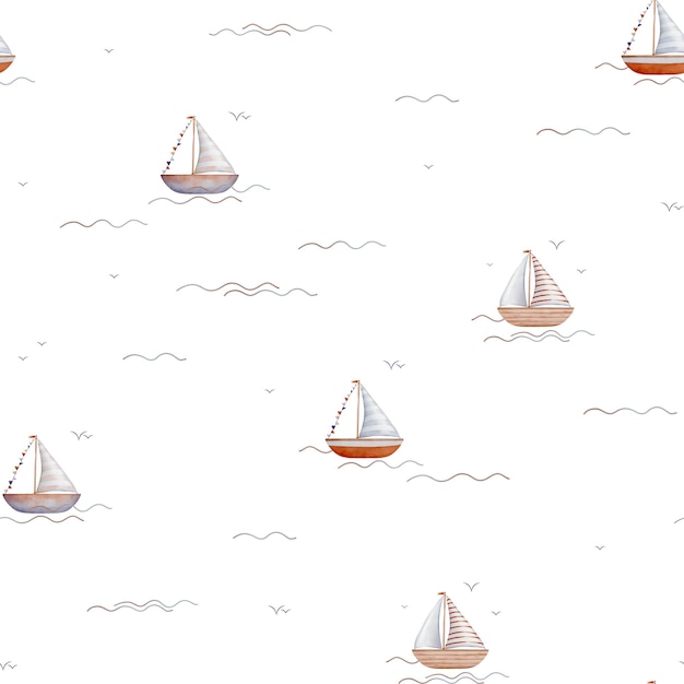 patrón sin costuras de acuarela de ilustraciones de velero en las olas y pájaros en el cielo en aislados
