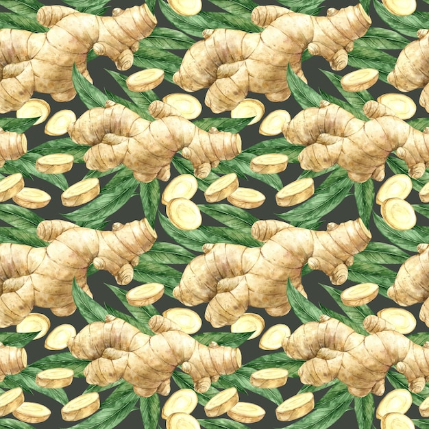 Patrón sin costuras en acuarela con jengibre y hojas realistas sobre un fondo verde Ilustración