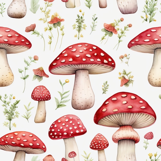 Foto patrón sin costuras con acuarela mosca setas agáricas amanita muscaria