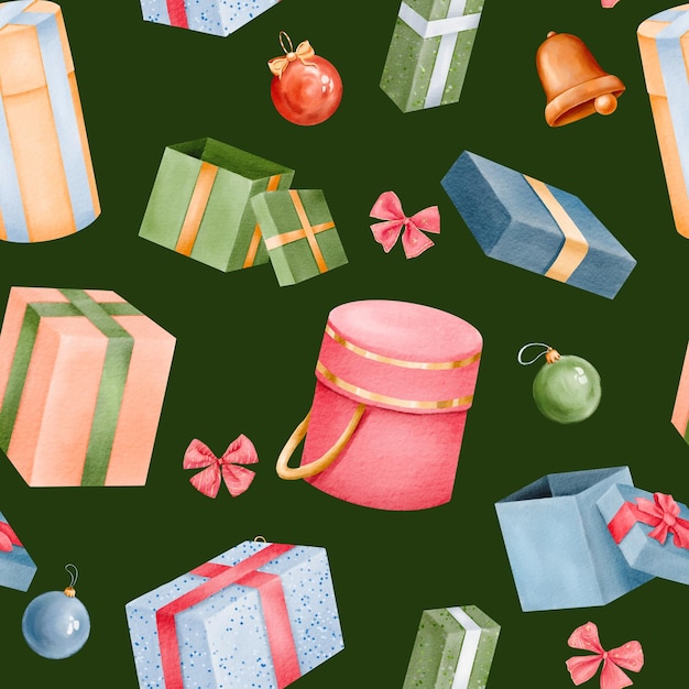 Foto patrón sin costuras acuarela multicolor caja de regalo de regalo ilustración aislada fondo verde