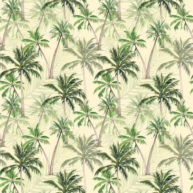Patrón sin costuras de acuarela con palmeras Impresión tropical sobre un fondo blanco Palmeras tropicales vida silvestre exótica Diseño para textiles papelería tema de vacaciones en la playa