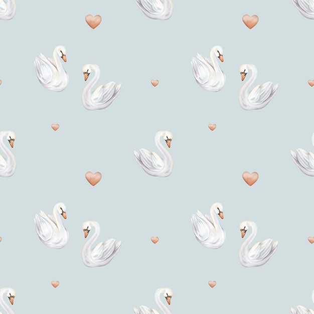 Patrón sin costuras de acuarela con una pareja de lindos cisnes enamorados Ilustración pintada a mano aislada sobre un fondo azul claro Para textiles de colores pastel blancos pájaro y corazones rojos