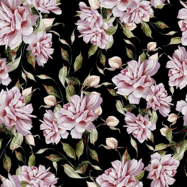 Patrón sin costuras en acuarela con rosas y hojas rosas