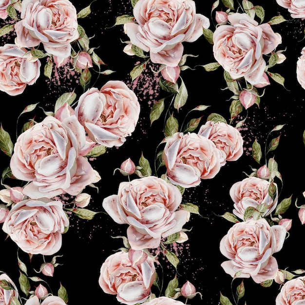 Patrón sin costuras en acuarela con rosas y hojas rosas