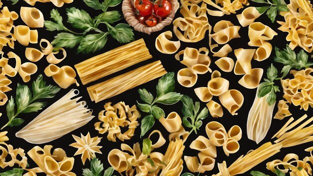 Patrón sin costuras en acuarela con varios tipos de pasta italiana