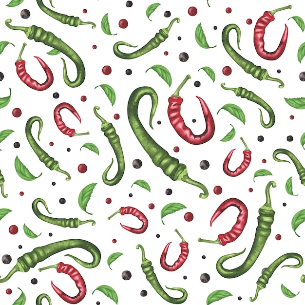 Patrón sin costuras de ají picante rojo y verde en blanco Ilustración de dibujo a mano de acuarela Arte para decoración