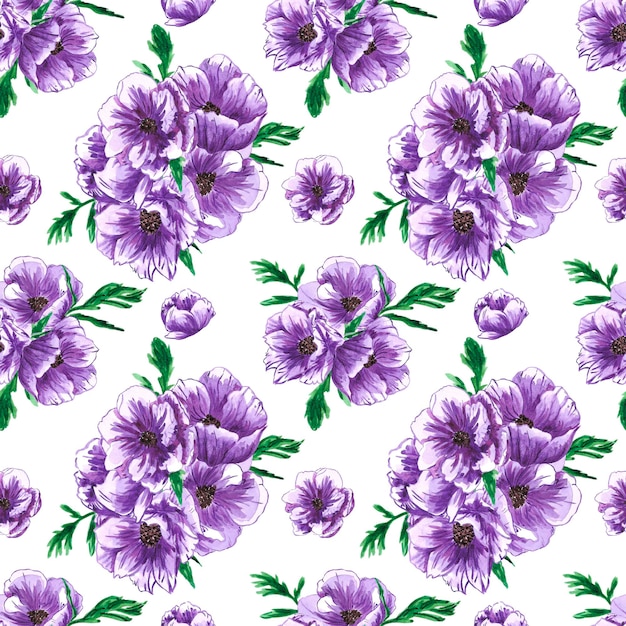 Patrón sin costuras de anémona dibujada a mano Flores de color púrpura acuarela con hojas verdes sobre fondo blanco