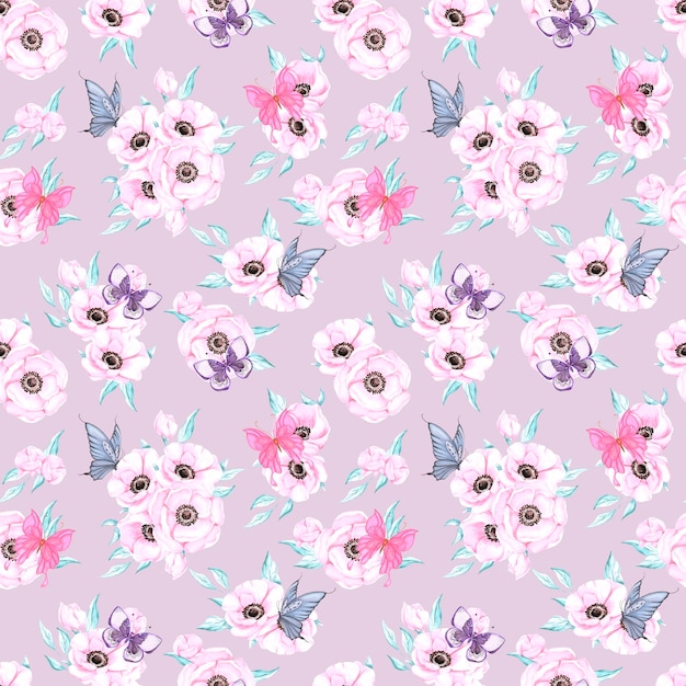 Patrón sin costuras de anémona y mariposa dibujada a mano Flores púrpuras de acuarela con mariposa azul y rosa sobre fondo púrpura Textil de banner de etiqueta de póster de Scrapbook