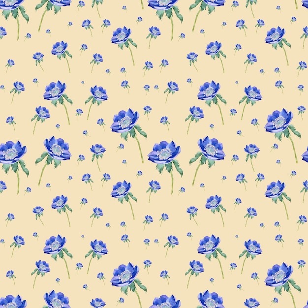 Patrón sin costuras de anémona violeta. Ilustración dibujada a mano con acuarela. Aislado sobre fondo beige.