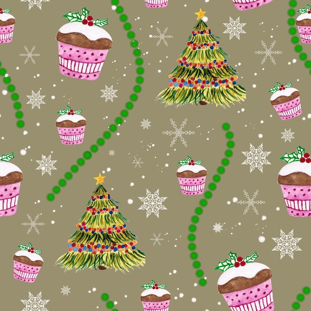 Patrón sin costuras para Año Nuevo y Navidad Dibujos en acuarela