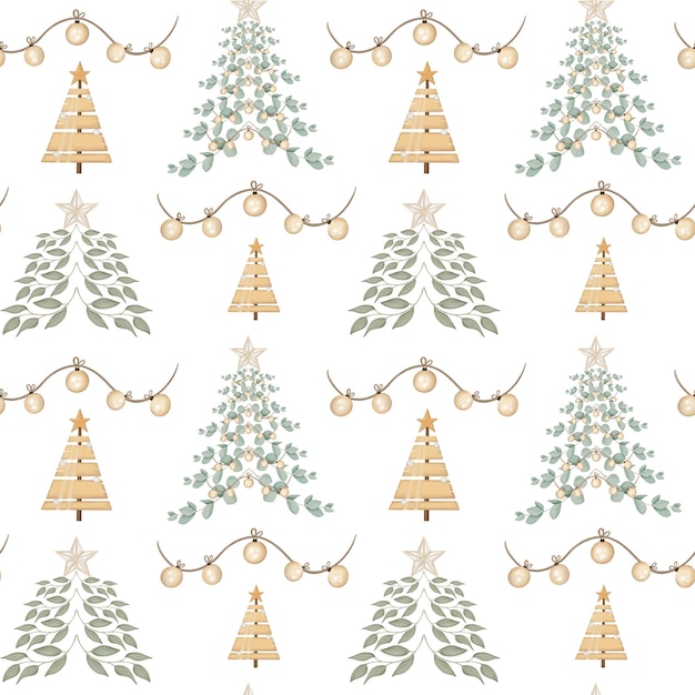 Patrón sin costuras con árboles de Navidad y decoraciones Ilustraciones dibujadas a mano