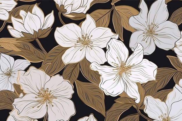 patrón sin costuras arte de línea dibujado a mano flores blancas con contorno dorado