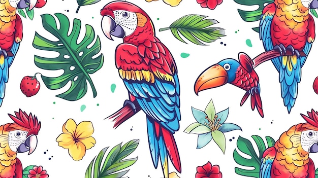 Foto un patrón sin costuras con aves exóticas dibujadas a mano y hojas tropicales el patrón es brillante y colorido con un toque tropical