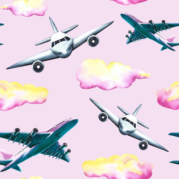 Patrón sin costuras con aviones de pasajeros y nubes Ilustración de dibujado a mano de acuarela