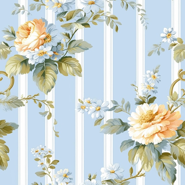 Patrón sin costuras azulado estilo inglés de campo estampado floral a rayas azules para papel tapiz papel de envoltura tela de libro de recortes e idea de diseño de producto