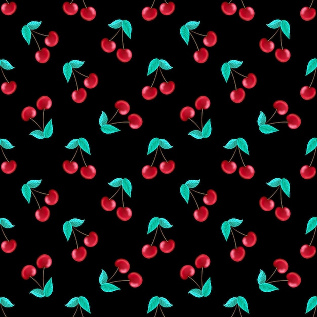 Foto patrón sin costuras con bayas de cereza sobre fondo negro