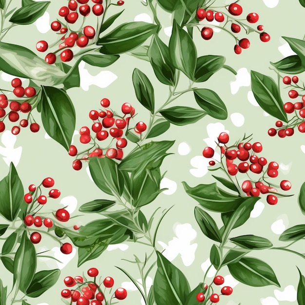 patrón sin costuras con bayas rojas y hojas verdes en un fondo de puntos polka generativo ai