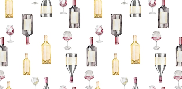 Patrón sin costuras con botellas de vino vasos acuarela ilustración bebidas alcohólicas fondo blanco para diseño etiquetas de menús de cafés y restaurantes