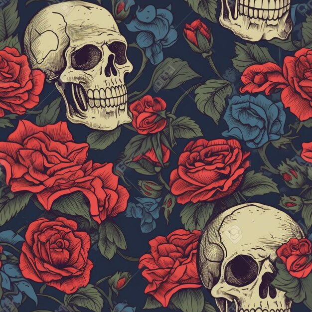 patrón sin costuras con calaveras y rosas sobre un fondo oscuro ai generativo