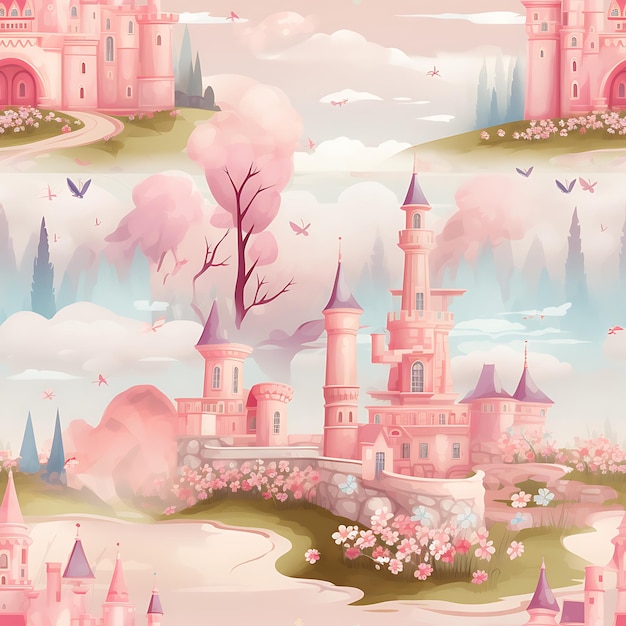 Patrón sin costuras de un castillo de princesa de ensueño con torretas brillantes y un jardín real