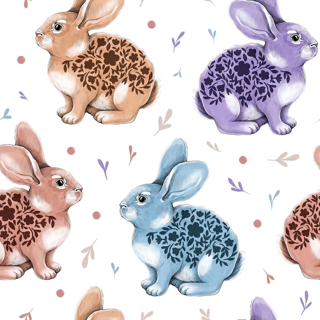 Patrón sin costuras de conejos y hojas dibujados a mano Ilustración linda de Pascua