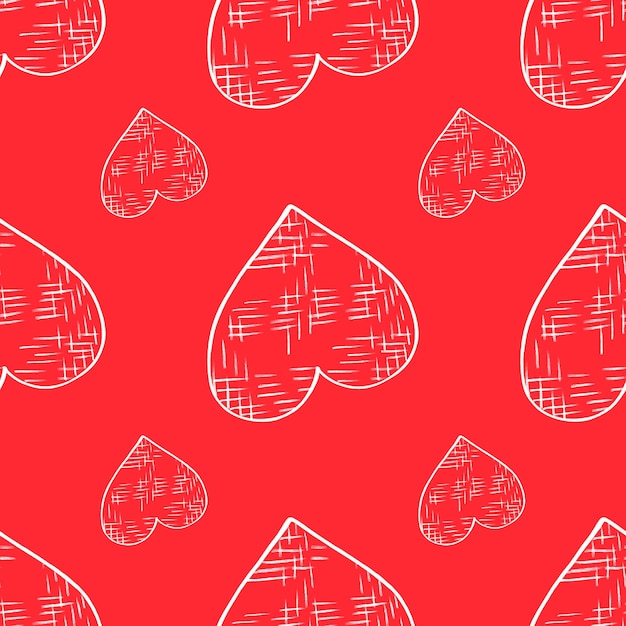 Patrón sin costuras con corazones Fondo de San Valentín dibujado a mano Corazones blancos sobre fondo rojo Papel digital dibujado por lápices de colores
