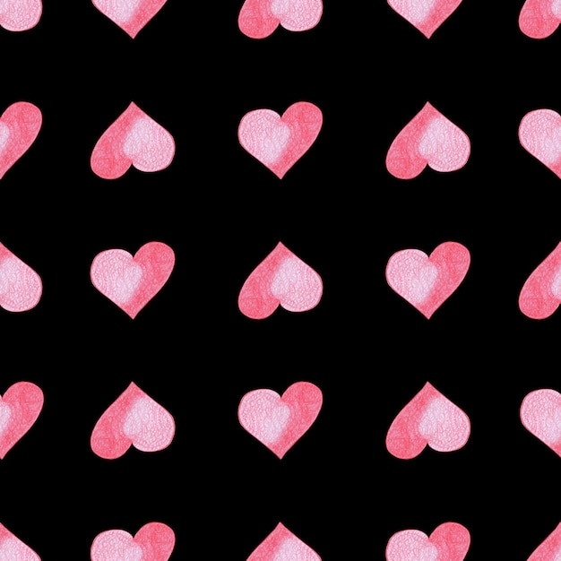 Patrón sin costuras con corazones Fondo de San Valentín dibujado a mano Corazones rojos sobre fondo negro Papel digital dibujado con lápices de colores