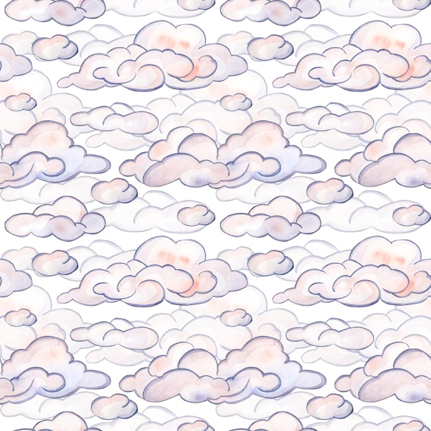 Patrón sin costuras densamente diseñado de nubes rosadas de diferentes tamaños Ilustración de acuarela