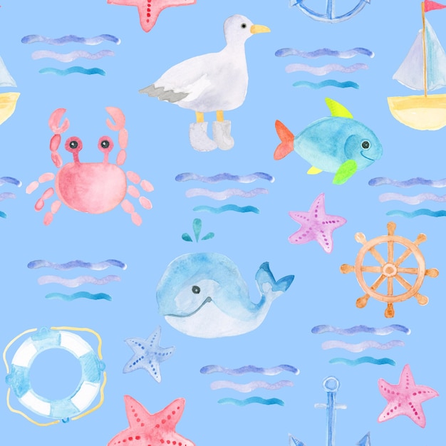 Patrón sin costuras de dibujo de colores para niños con ballenas, peces, estrellas de mar, ruedas de mar y aros salvavidas