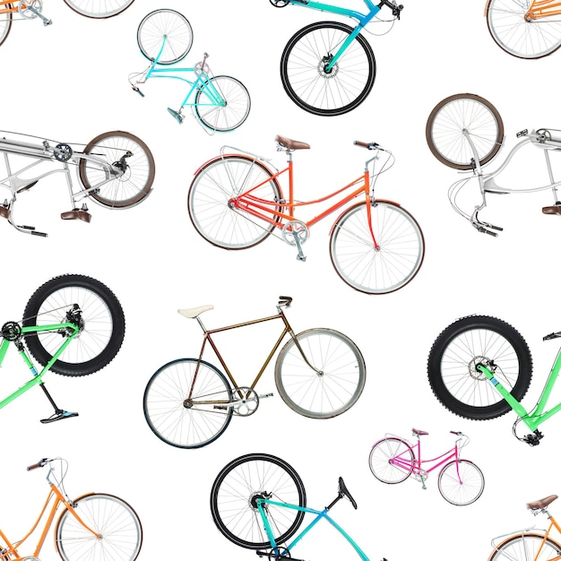 Foto patrón sin costuras de diferentes bicicletas aisladas sobre un fondo blanco