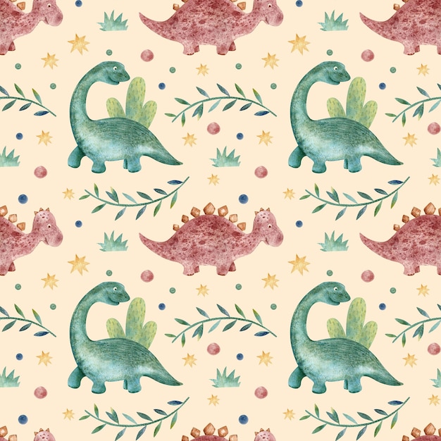 patrón sin costuras con dinosaurios y plantas exóticas diseño colorido de Dino ideal para tela infantil