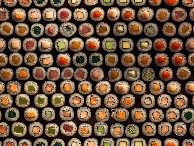 Patrón sin costuras con diseño de fondo de papel tapiz de textura de rollos de sushi IA generativa