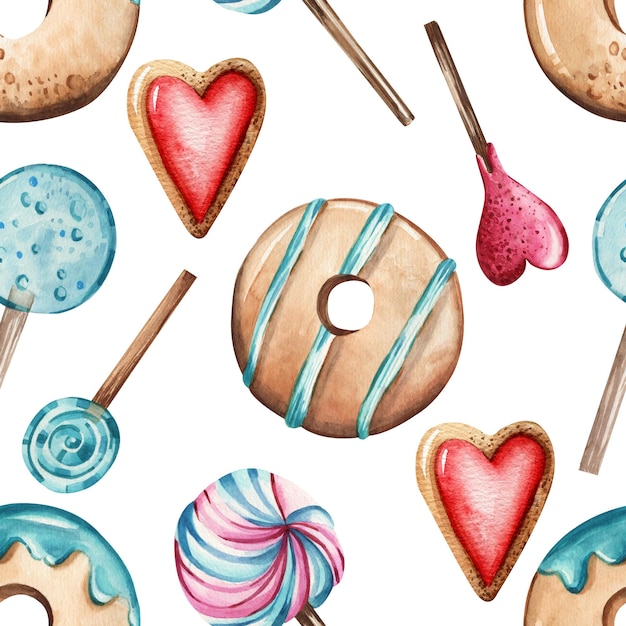Patrón sin costuras de donuts de acuarela, piruletas de colores y galletas en forma de corazón