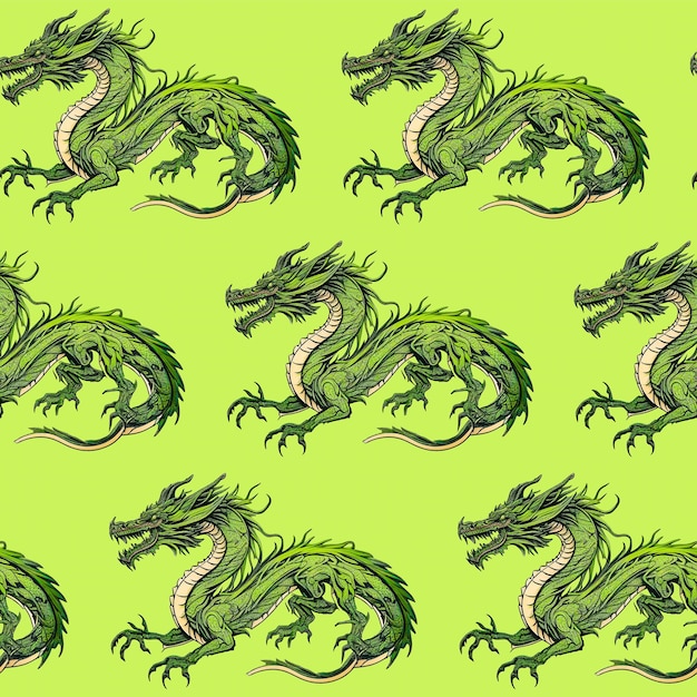 Patrón sin costuras con dragones verdes tallados en madera sobre un fondo verde claro generado por IA