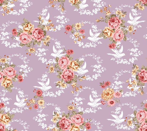 patrón sin costuras con estatuillas de pájaros blancos y rosas en colores rojo amarillo sobre fondo beige patrón de flores vectoriales sobre fondo azul