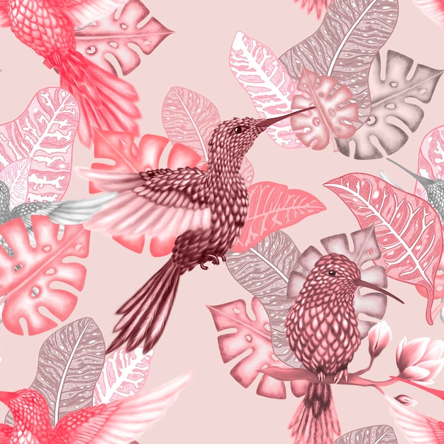 Patrón sin costuras en el estilo chinoiserie con colibrí y hojas genial para papel tapiz de boda