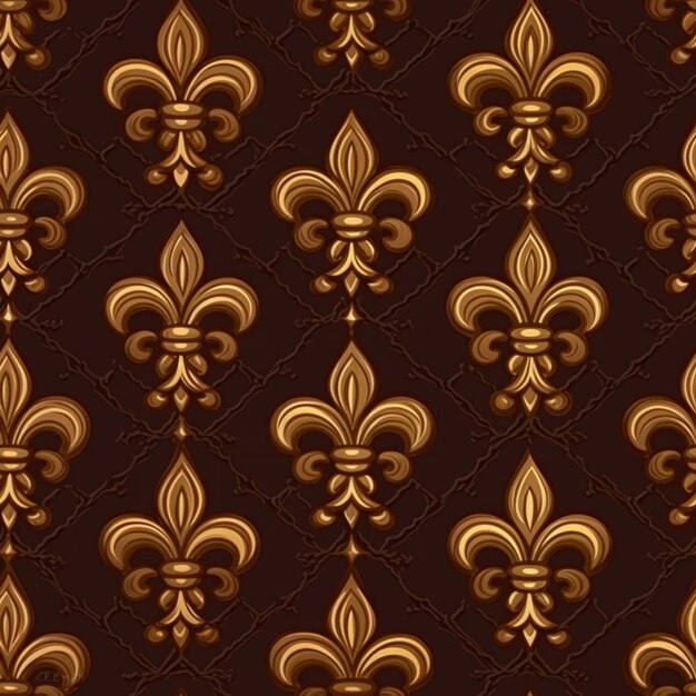 un patrón sin costuras con fleurones dorados en un fondo marrón generativo ai