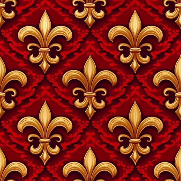 un patrón sin costuras con fleurones dorados en un fondo rojo generativo ai