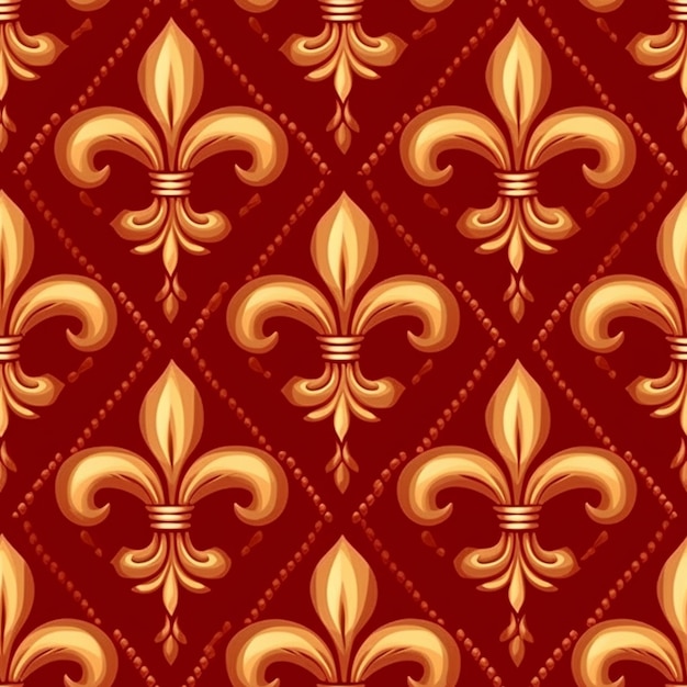 un patrón sin costuras con fleurones dorados en un fondo rojo generativo ai