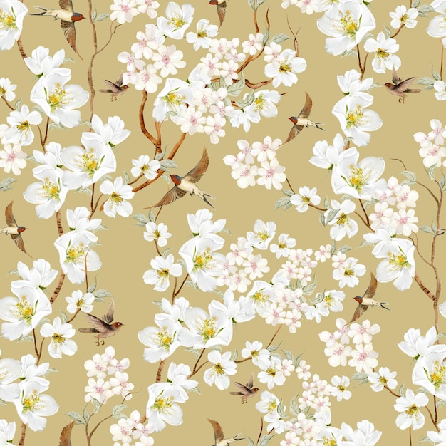 Patrón sin costuras floral de Chinoiserie con pájaros y flores