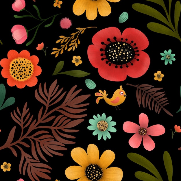Patrón sin costuras floral retro con fondo negro abstracto para impresión digital
