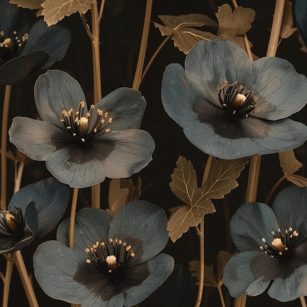 Patrón sin costuras de flores azules y doradas con un fondo de azulejos botánicos florecientes