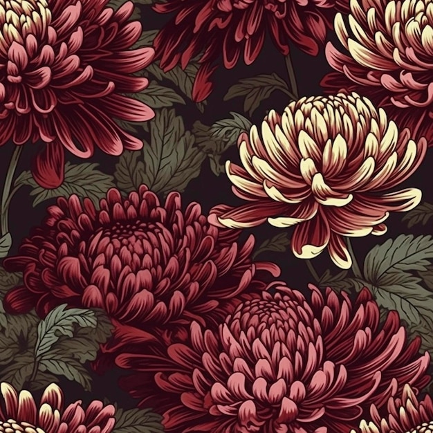 Patrón sin costuras de flores de crisantemo de Borgoña creado con IA generativa