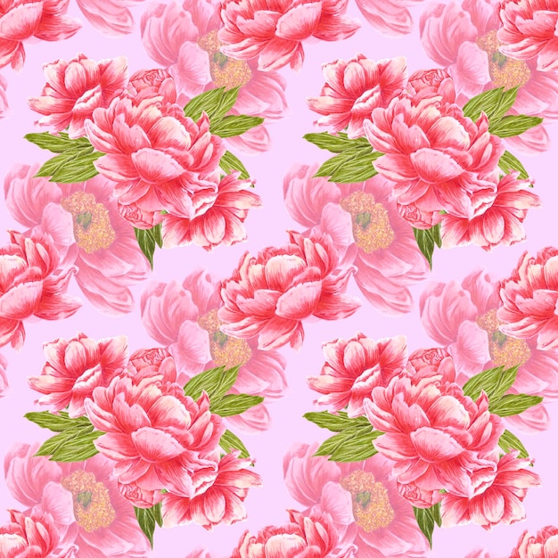Patrón sin costuras de flores dibujadas a mano Peonía roja acuarela con hojas verdes sobre fondo rosa polvoriento