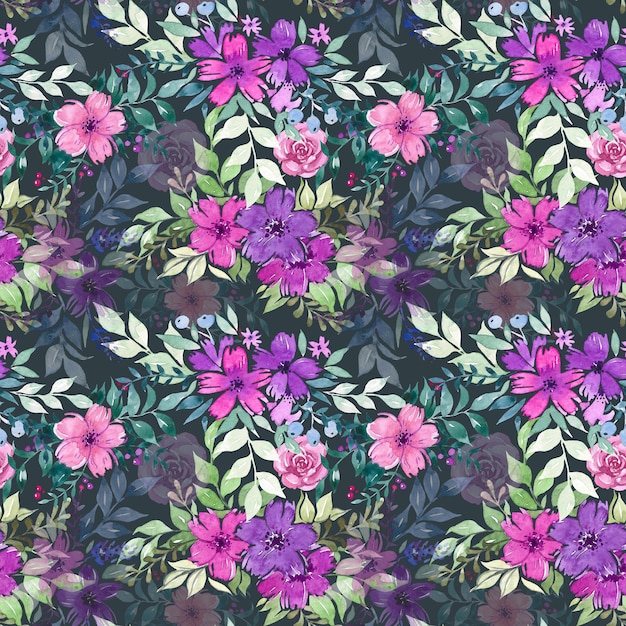 patrón sin costuras con flores y hojas de acuarela dibujado a mano impresión de ilustración botánica floral para el diseño uso diseño de producto colores rosa y púrpura ramo de primavera